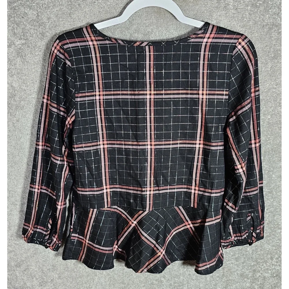 Old Navy Top Girls Size XL 14 Black Plaid Metallic Ruffle Peplum Hem Lightweight